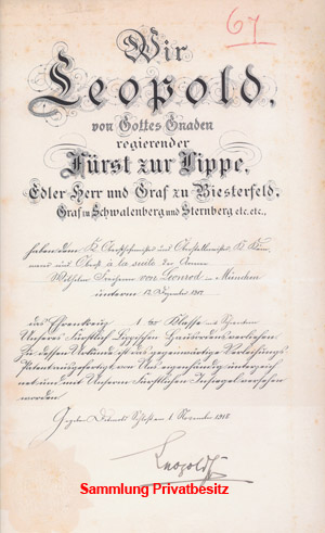 Urkunde Wilhelm von Leonrod Ehrenkreuz 1.Klasse mit Schwertern
